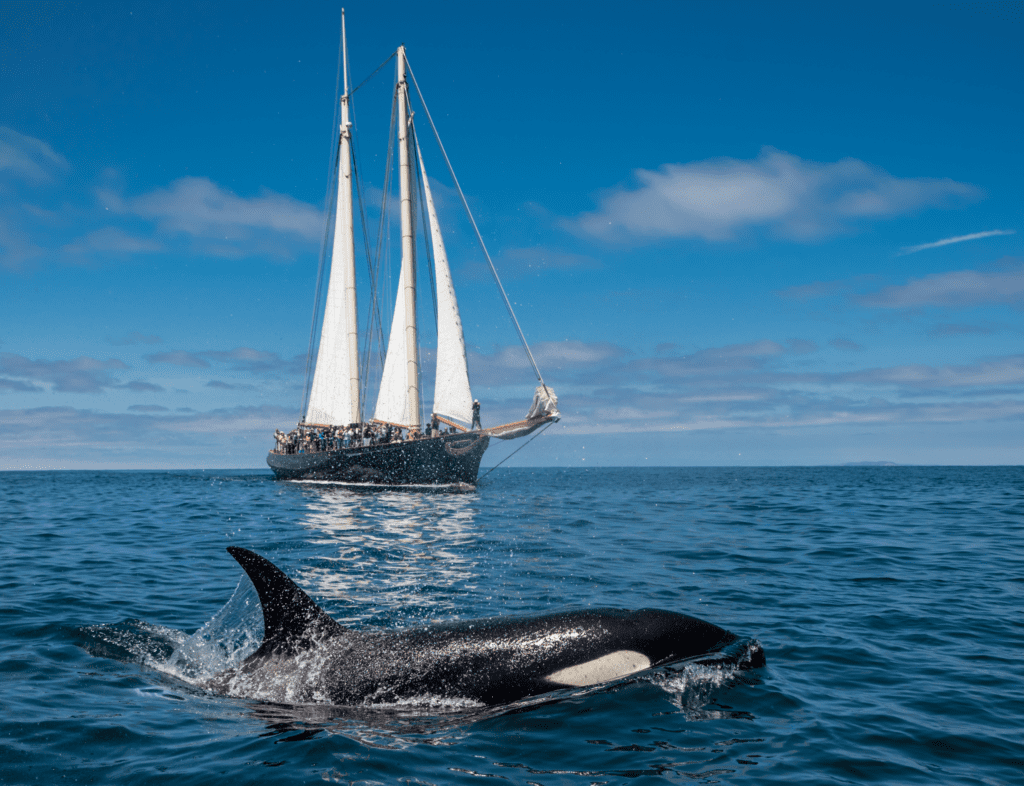 An orca surfaces with a sailboat in the background