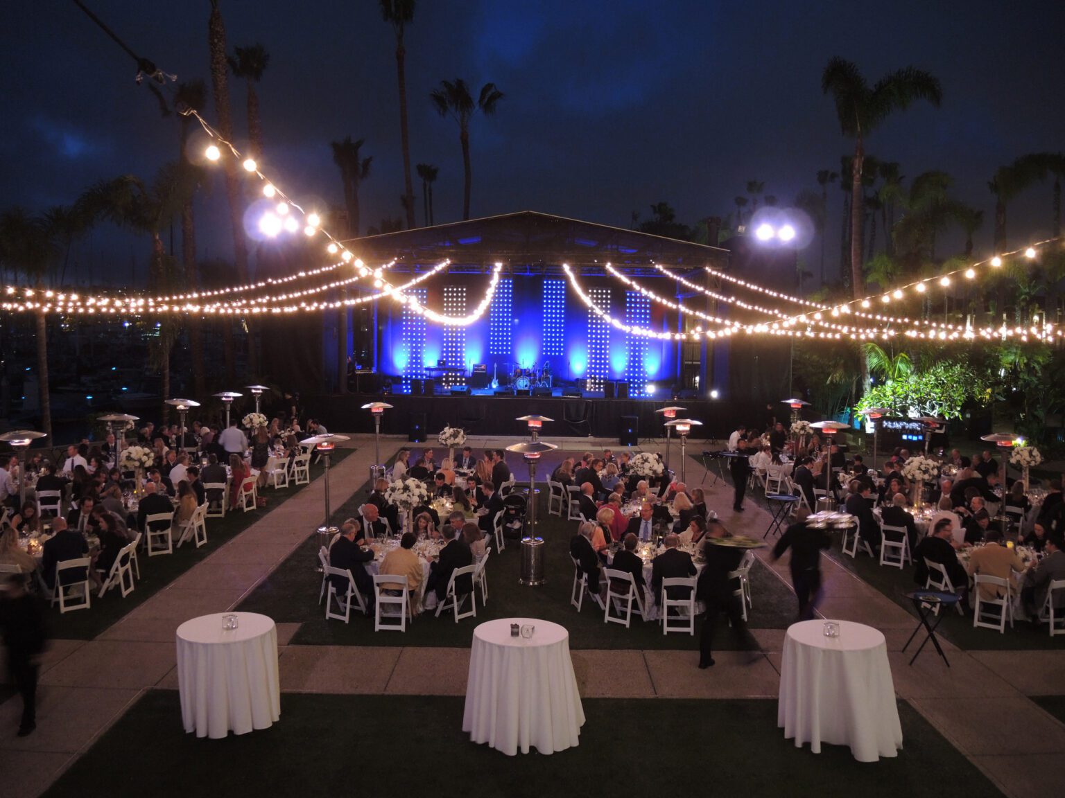 Outdoor reception venue at night