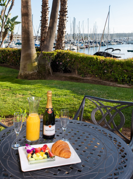 food with juice and champagne with marina view