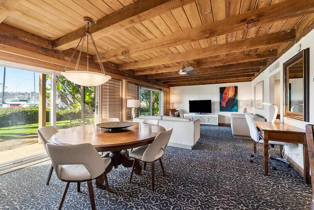 Guest dining room table looking into living area
