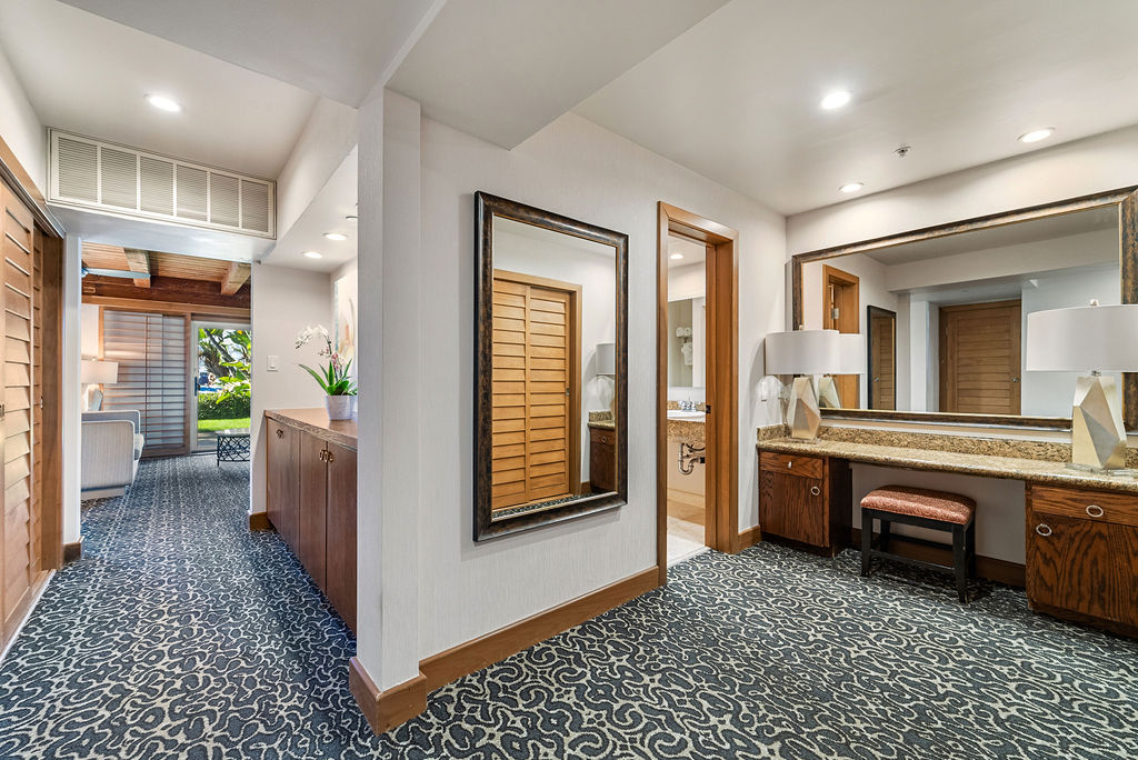 Vanity and hallway view