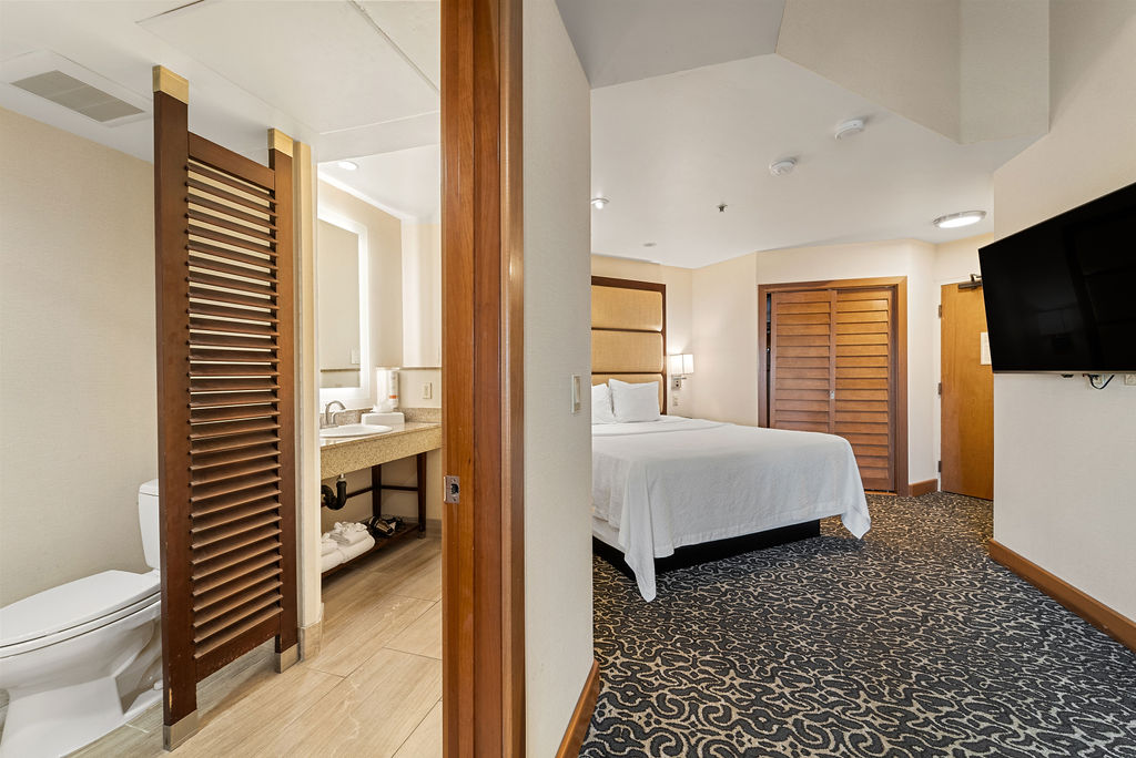 Bathroom with view of King Bed and TV