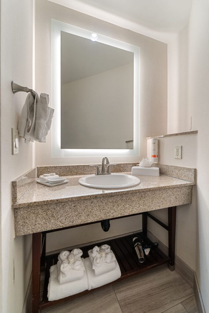 Guest room bathroom vanity and sink