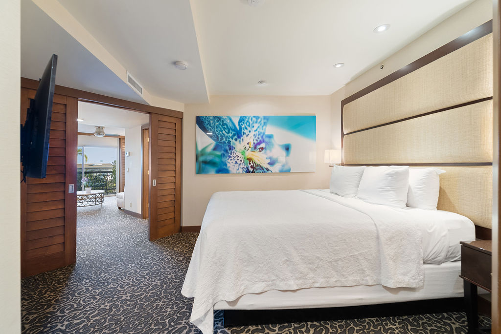 King Bed bedroom, with hanging tv