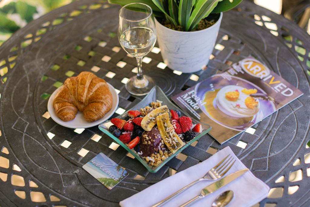 Breakfast and wine on outdoor patio