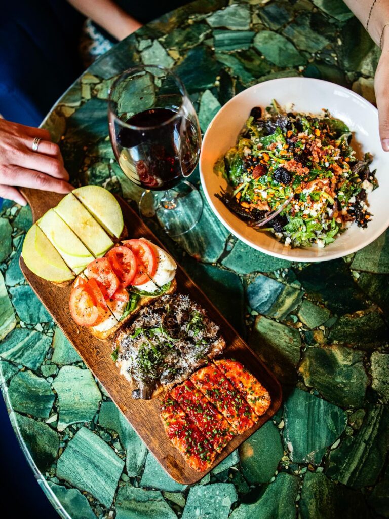 food and wine on a table