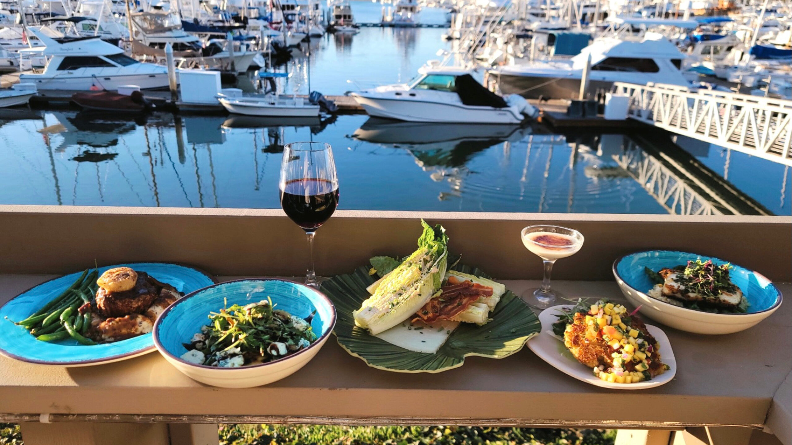 outdoor food and drink by the waterfront at blue wave