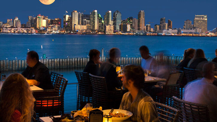 Restaurant lit up at night